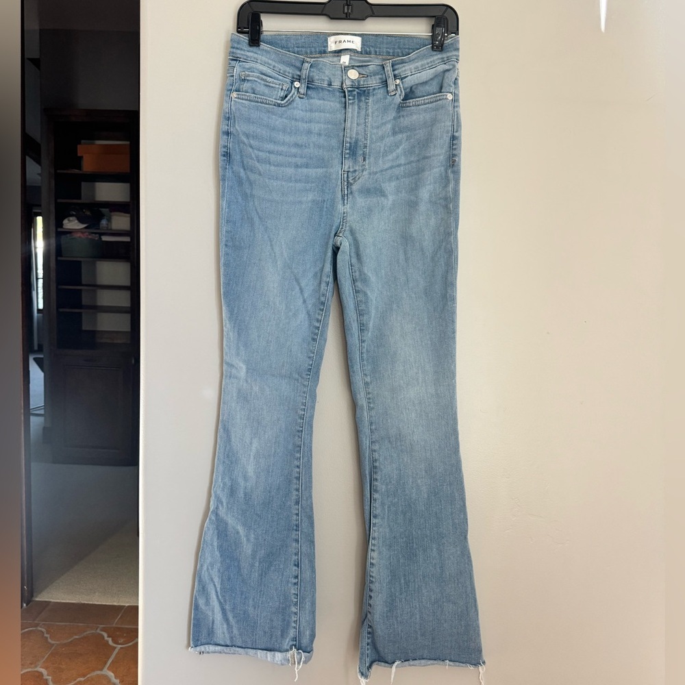 FRAME Le High Flare Raw Hem Jeans 28 Light Wash Boho Y2K Denim Cowgirl Festival